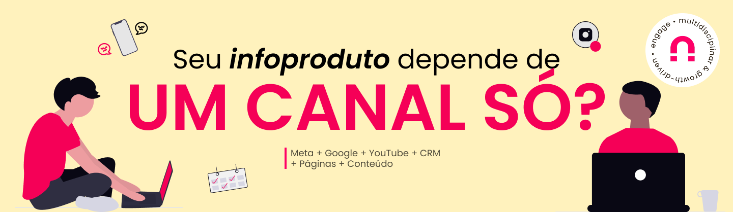 Estratégia multicanal para infoprodutores com Meta, Google, YouTube, CRM, página de vendas e conteúdo.