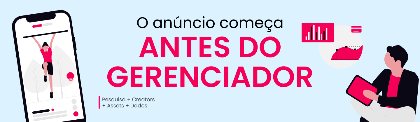 Processo de criação de anúncios de performance conectando pesquisa, creators, assets e dados de mídia.